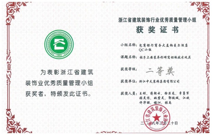 中天精誠(chéng)裝飾集團(tuán)三項(xiàng)QC成果獲獎(jiǎng)